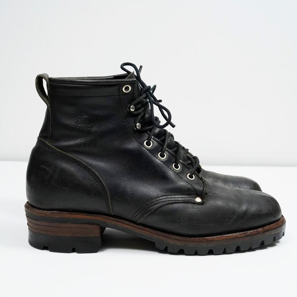 Vintage Chippewa Black Leather Logger Work Boots USA Vibram Sole Size 10.5 80's